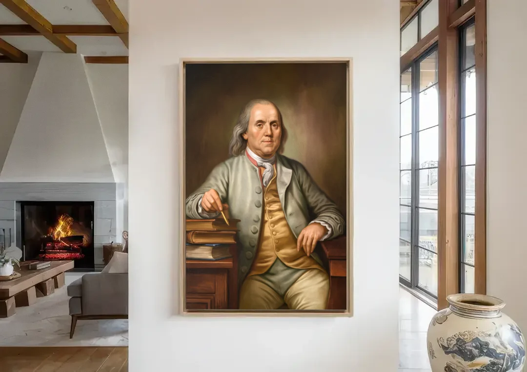 Franklin Cultural Heritage canvas wall art in a living room with a fireplace