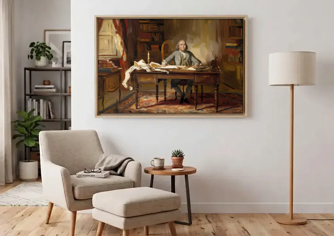 Franklin Historic Charm canvas wall art above an armchair in a bright living room