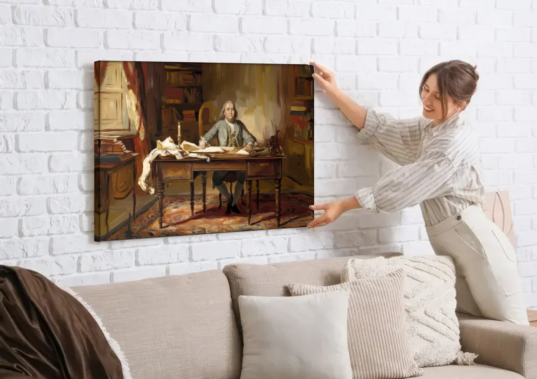Franklin Historic Charm canvas wall art being hung on a white brick wall above a sofa