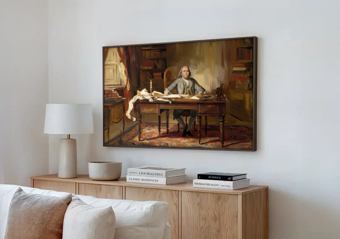Franklin Historic Charm canvas wall art above a wooden sideboard next to a sofa
