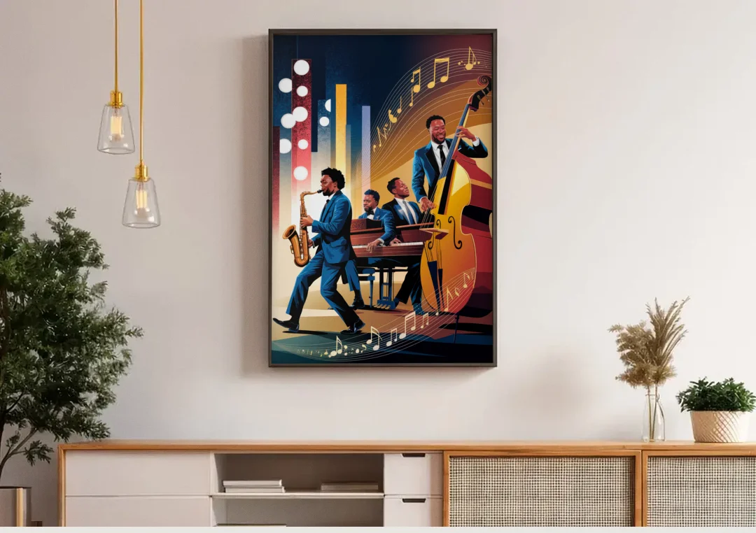 Franklin Music Legacy canvas wall art above a wooden sideboard under pendant lights