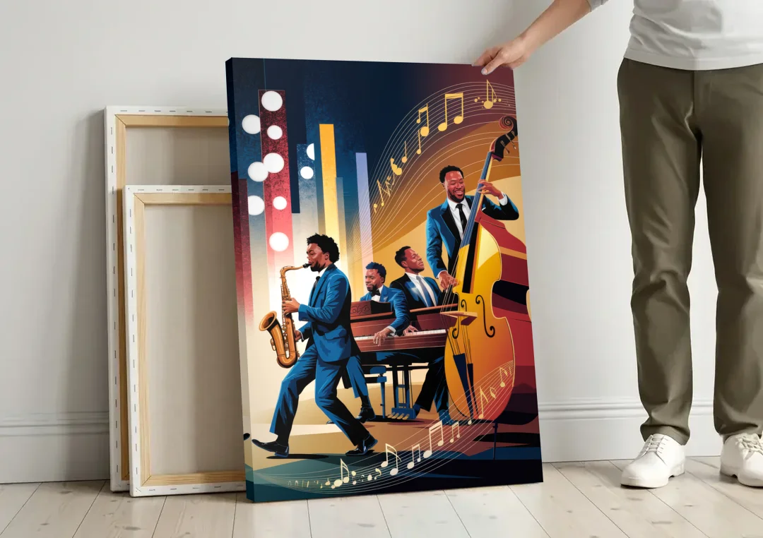 Franklin Music Legacy canvas wall art leaning against a wall next to blank canvases