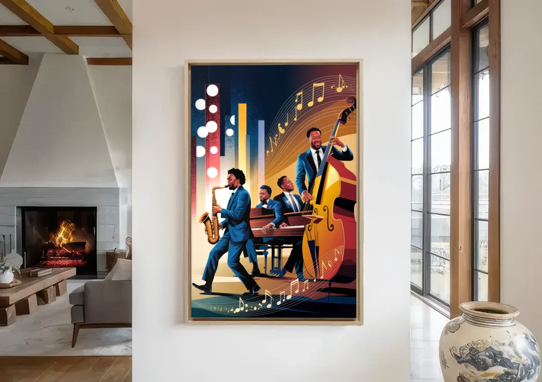 Franklin Music Legacy canvas wall art in a living room with a fireplace