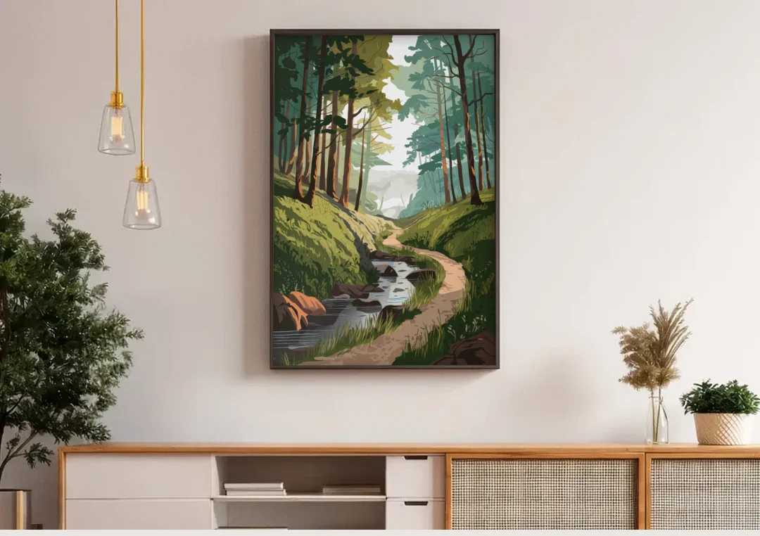 Franklin Nature Trails canvas wall art above a wooden sideboard under pendant lights