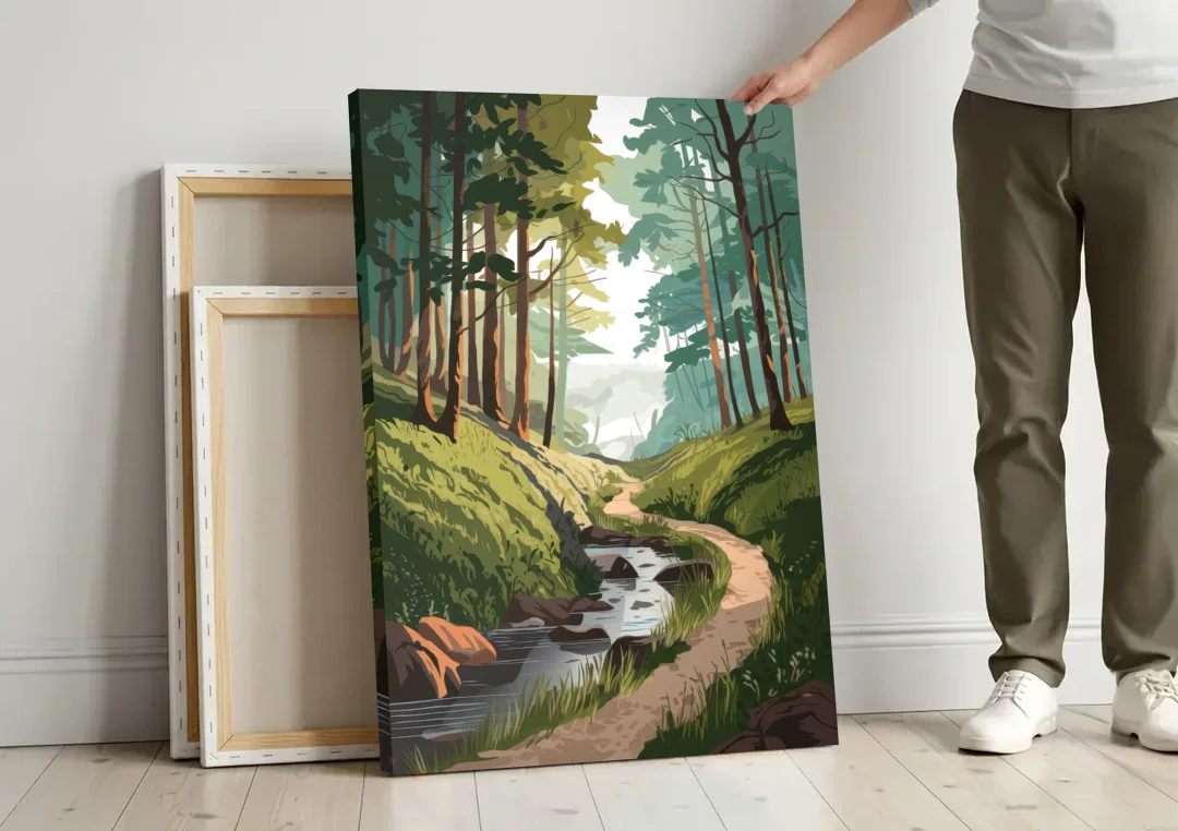 Franklin Nature Trails canvas wall art leaning against a wall next to blank canvases