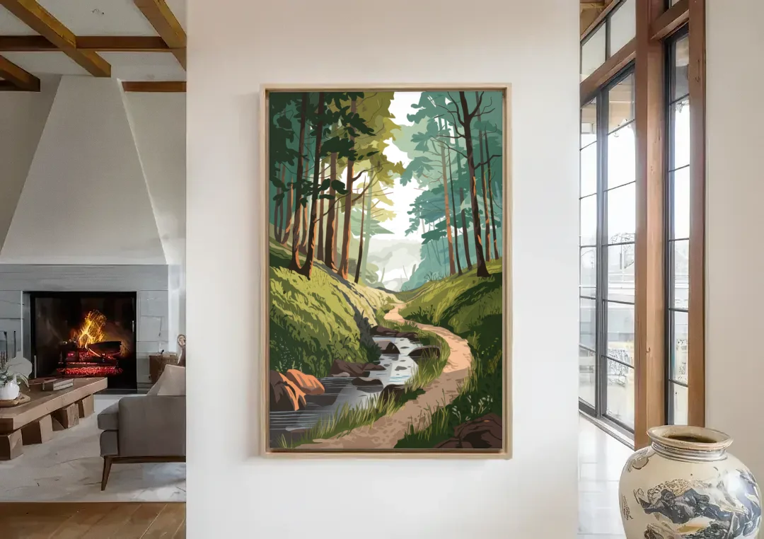 Franklin Nature Trails canvas wall art in a living room with a fireplace