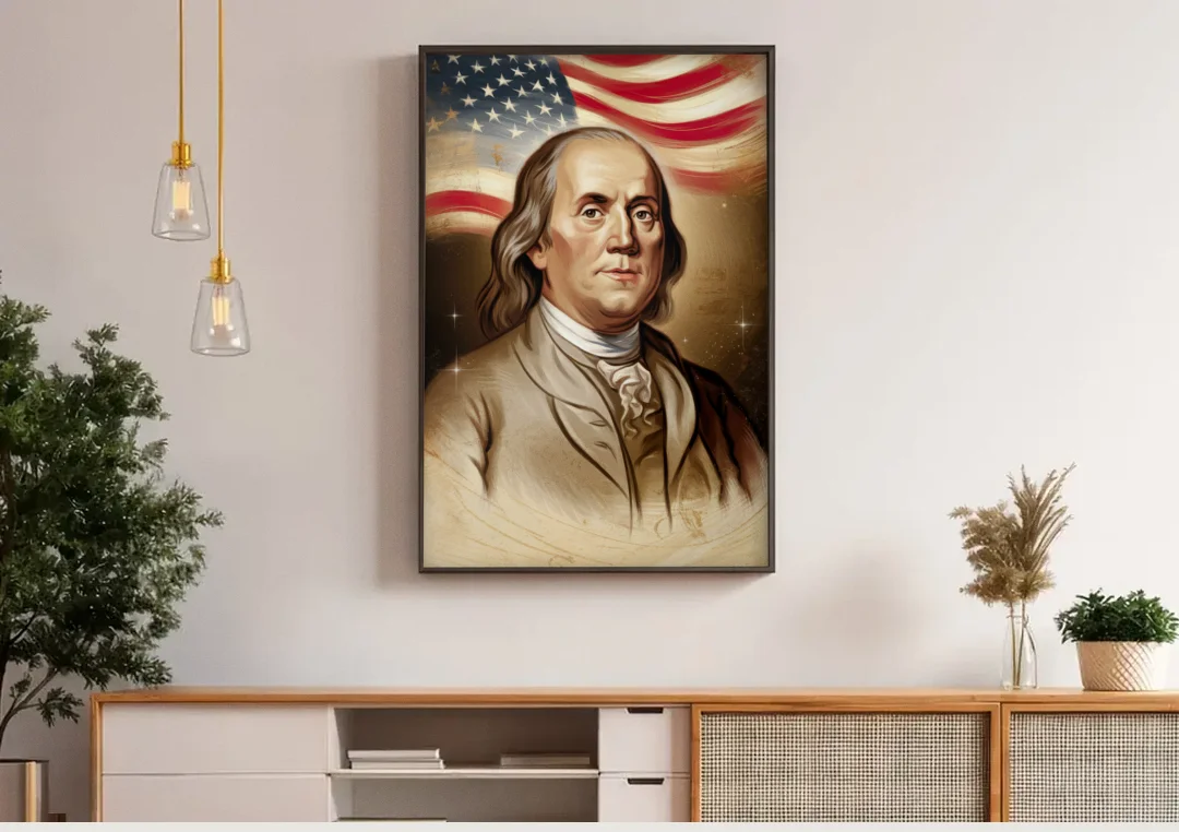 Franklin Patriotic Spirit canvas wall art above a wooden sideboard under pendant lights