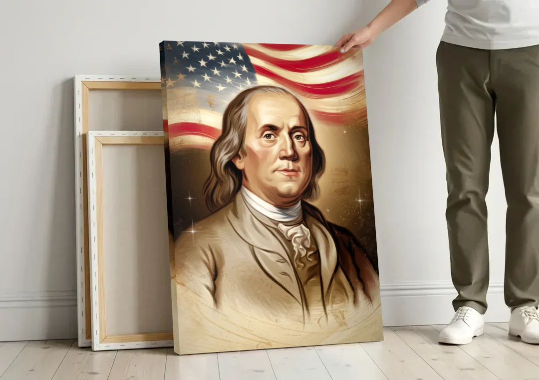 Franklin Patriotic Spirit canvas wall art leaning against a wall next to blank canvases