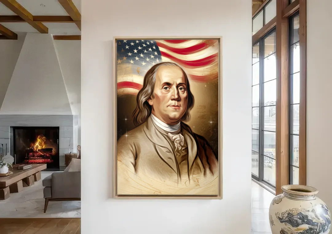 Franklin Patriotic Spirit canvas wall art in a living room with a fireplace