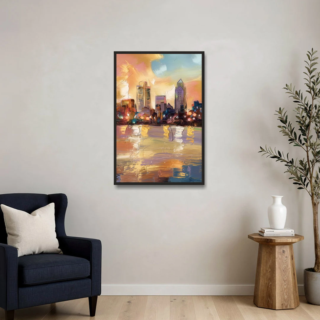 Franklin Skyline View - Black Framed Canvas Wall Art - Sofa - 24x36