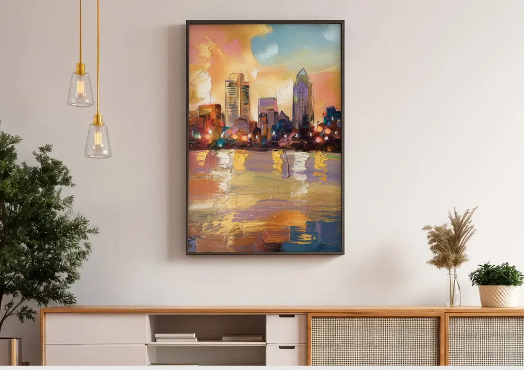 Franklin Skyline View canvas wall art above a wooden sideboard under pendant lights