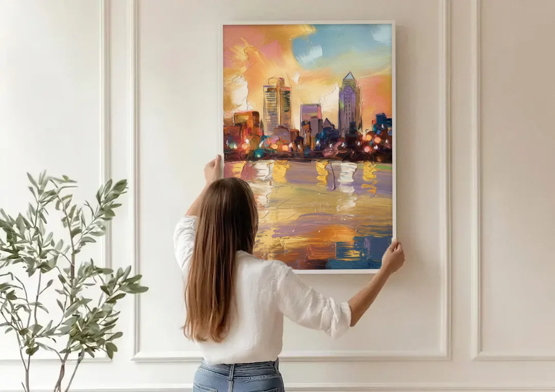 Franklin Skyline View canvas wall art being hung on a paneled wall