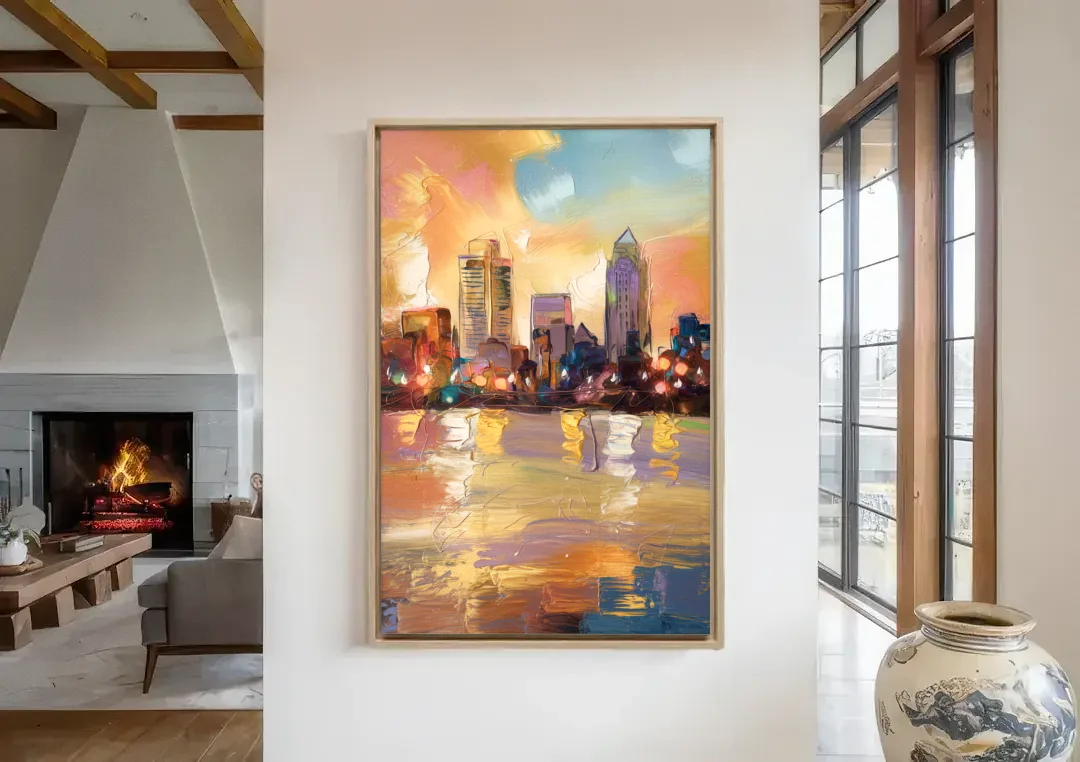 Franklin Skyline View canvas wall art in a living room with a fireplace