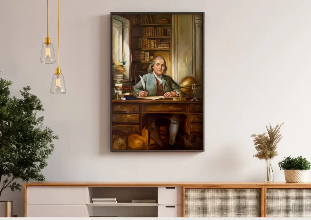 Franklin Timeless Elegance canvas wall art above a wooden sideboard under pendant lights