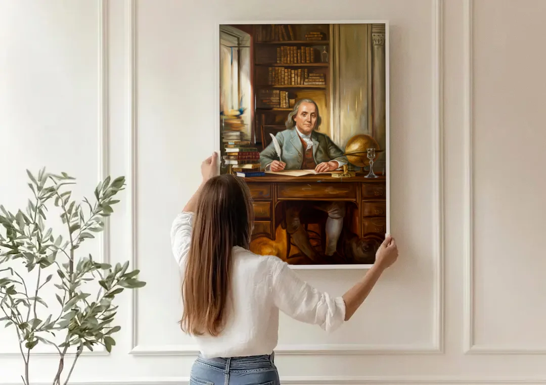 Franklin Timeless Elegance canvas wall art being hung on a paneled wall