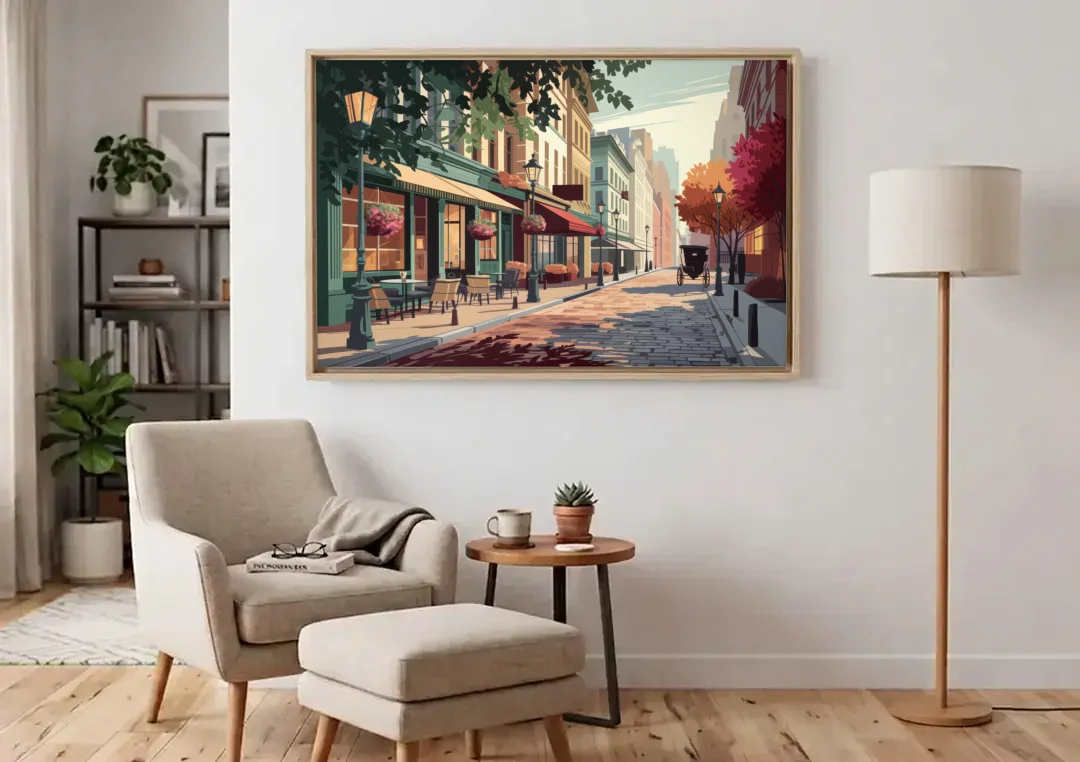 Franklin Vintage Streets canvas wall art above an armchair in a bright living room