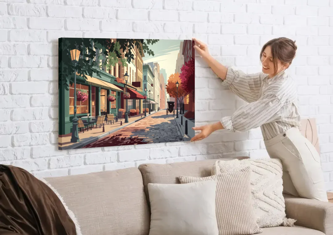 Franklin Vintage Streets canvas wall art being hung on a white brick wall above a sofa