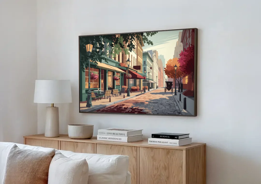 Franklin Vintage Streets canvas wall art above a wooden sideboard next to a sofa