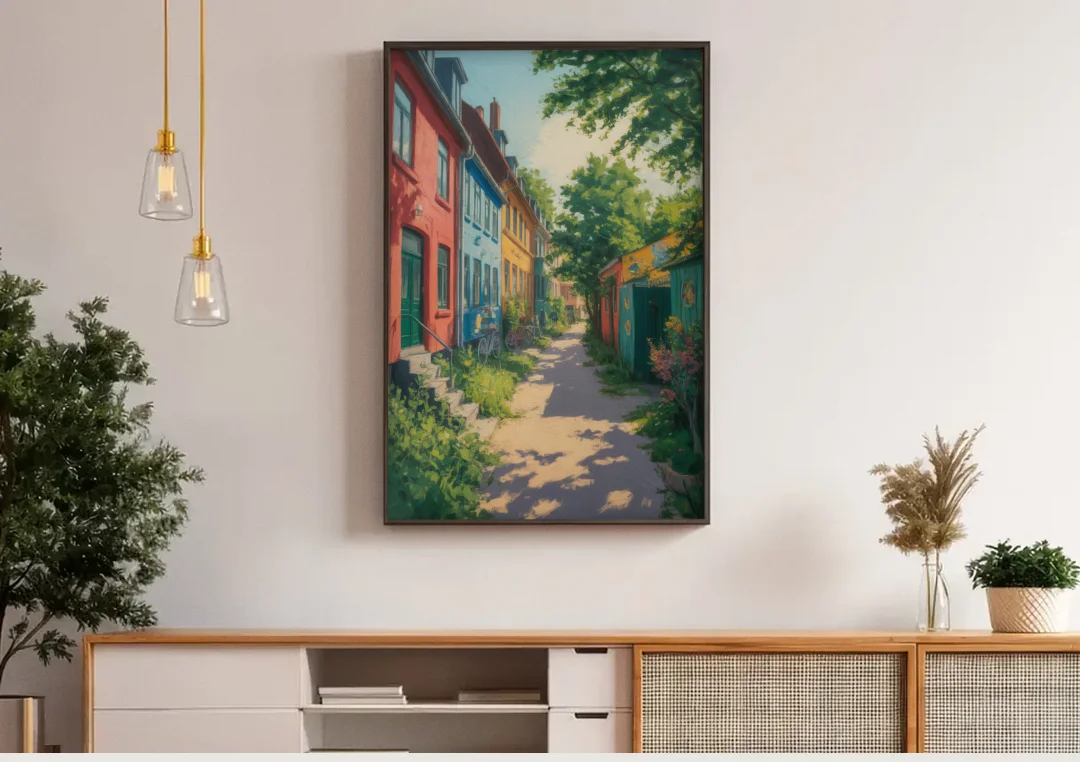 Freetown Christiania canvas wall art above a wooden sideboard under pendant lights