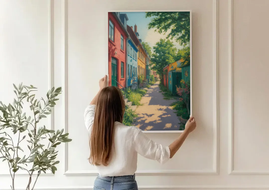 Freetown Christiania canvas wall art being hung on a paneled wall