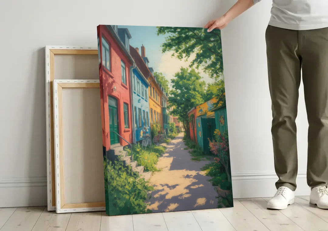 Freetown Christiania canvas wall art leaning against a wall next to blank canvases