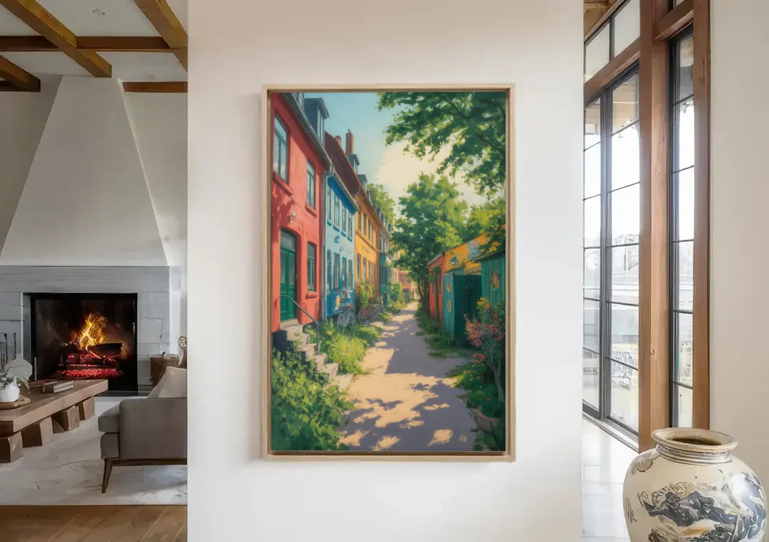 Freetown Christiania canvas wall art in a living room with a fireplace