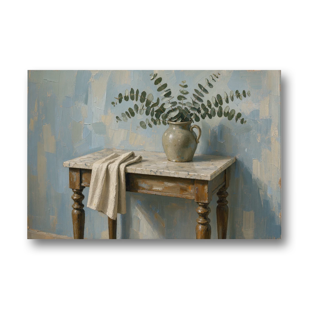 French Country Bathroom Wall Art of a Eucalyptus Washstand - Canvas Wall Art - Front