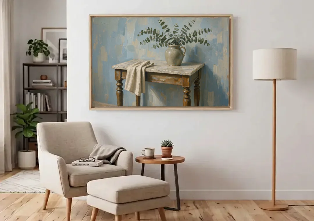 French Country Bathroom Wall Art of a Eucalyptus Washstand canvas wall art above an armchair in a bright living room