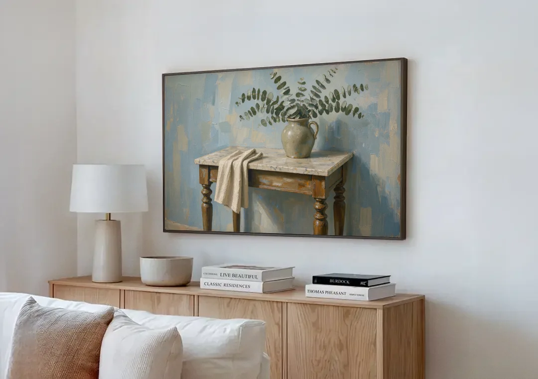 French Country Bathroom Wall Art of a Eucalyptus Washstand canvas wall art above a wooden sideboard next to a sofa
