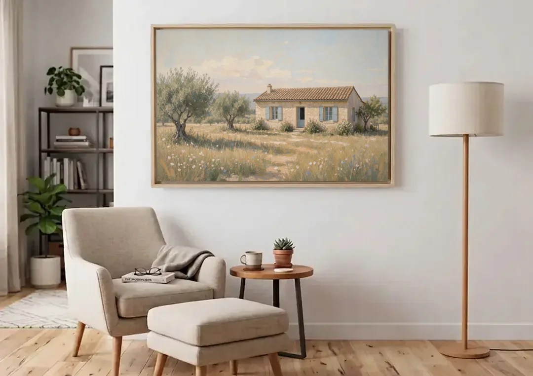 French Country Wall Art of a Provençal Farmhouse canvas wall art above an armchair in a bright living room