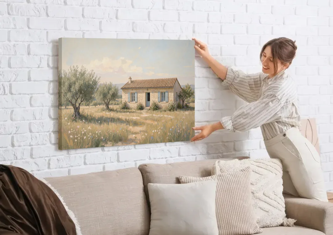 French Country Wall Art of a Provençal Farmhouse canvas wall art being hung on a white brick wall above a sofa
