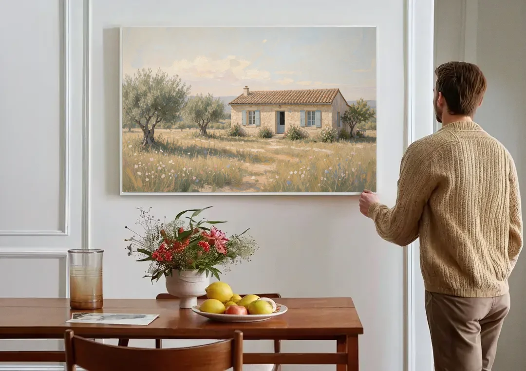 French Country Wall Art of a Provençal Farmhouse canvas wall art above a dining table