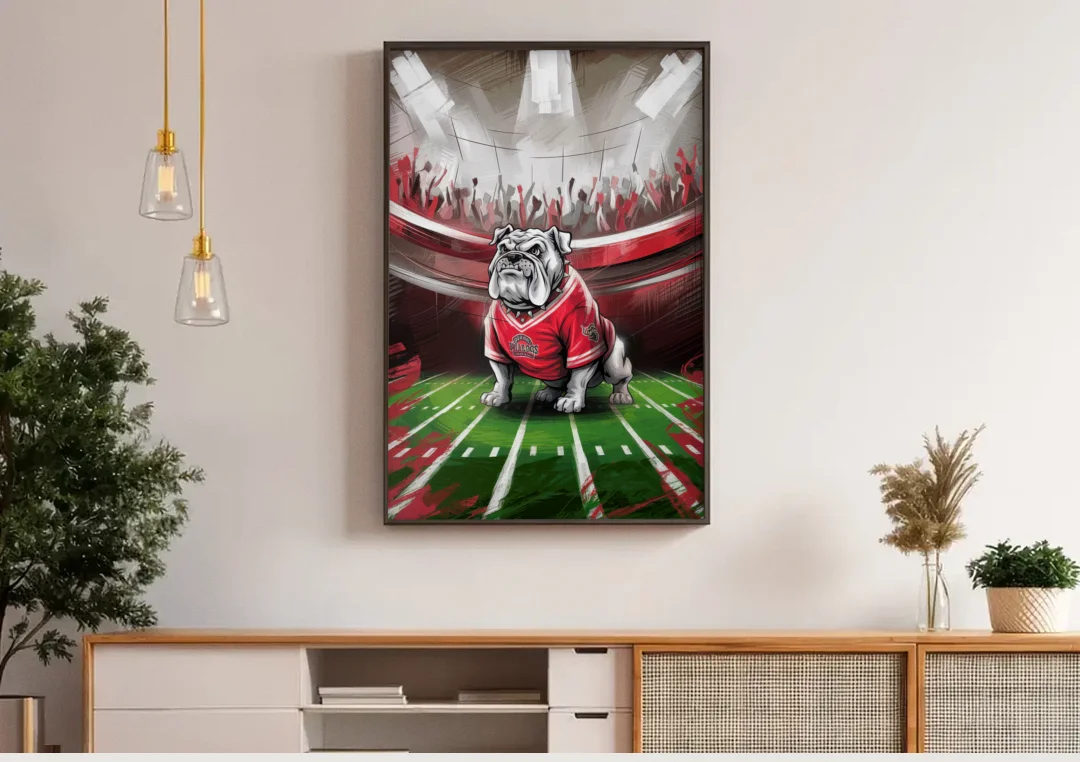 Fresno Bulldogs Game Day canvas wall art above a wooden sideboard under pendant lights