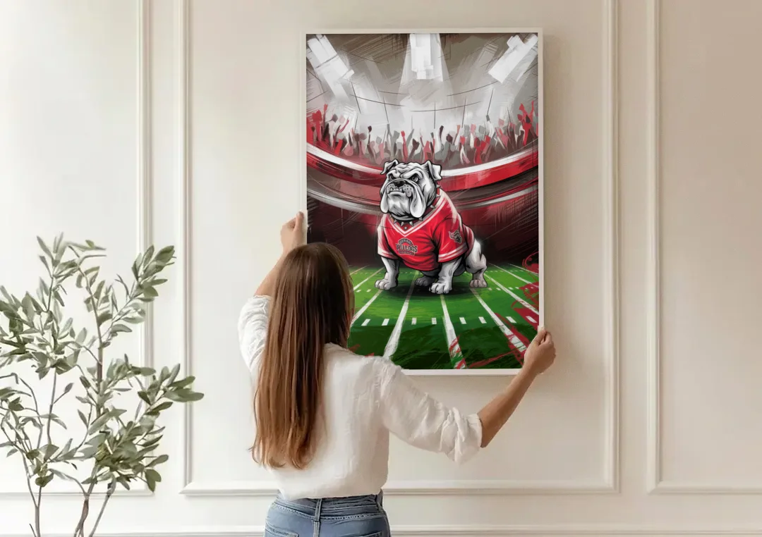 Fresno Bulldogs Game Day canvas wall art being hung on a paneled wall