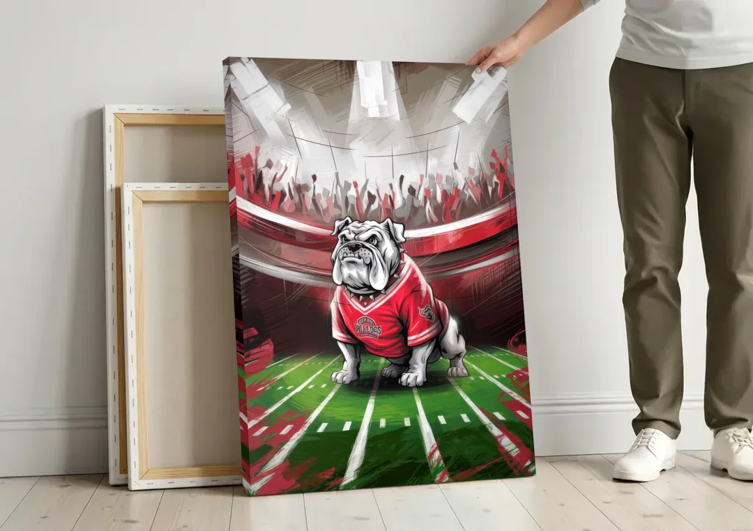 Fresno Bulldogs Game Day canvas wall art leaning against a wall next to blank canvases