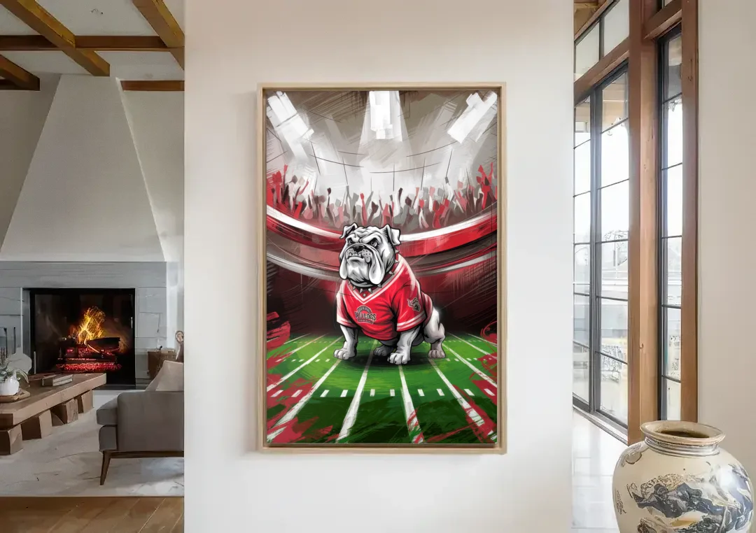 Fresno Bulldogs Game Day canvas wall art in a living room with a fireplace