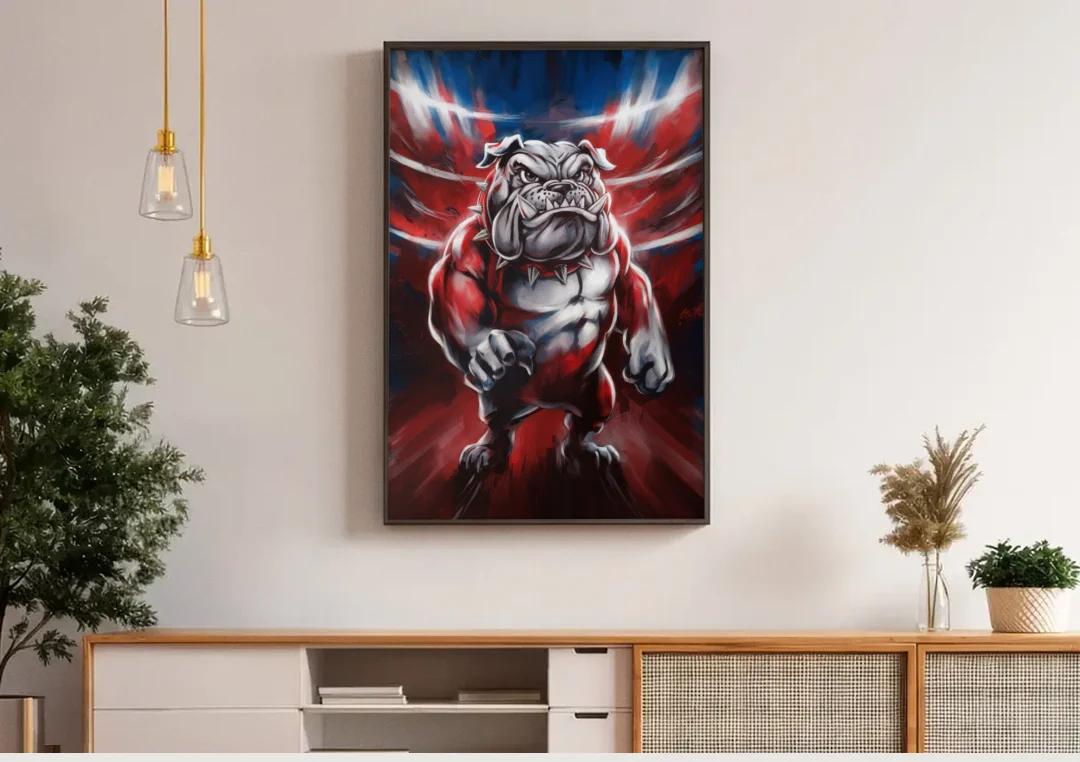 Fresno Bulldogs Legacy canvas wall art above a wooden sideboard under pendant lights