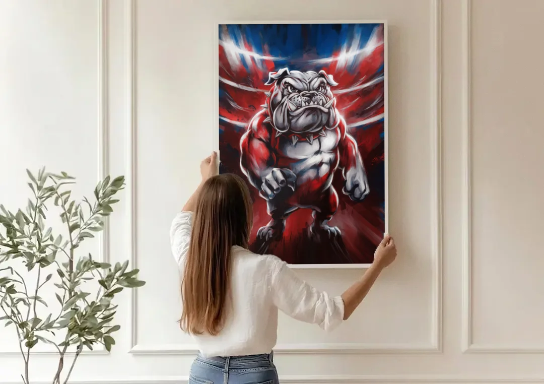 Fresno Bulldogs Legacy canvas wall art being hung on a paneled wall