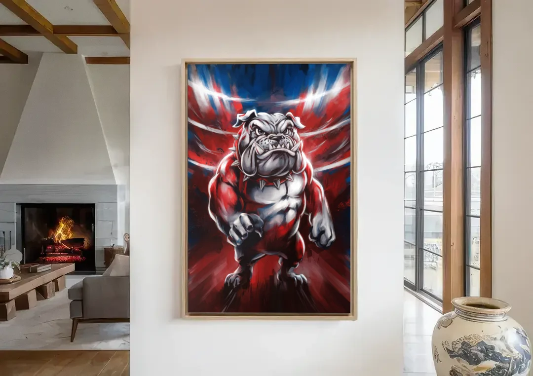 Fresno Bulldogs Legacy canvas wall art in a living room with a fireplace
