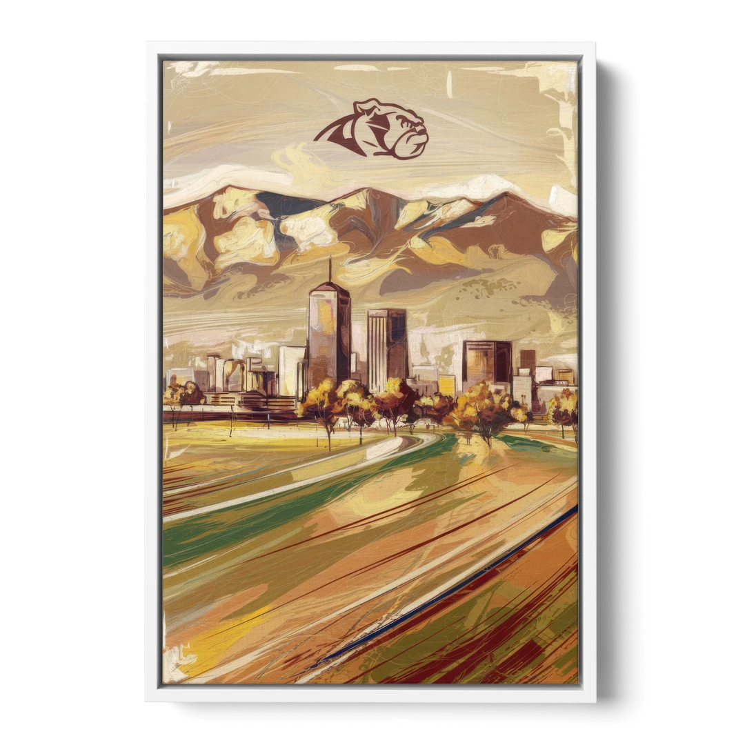 Fresno Cityscape and Team Spirit - White Framed Canvas Wall Art - Front