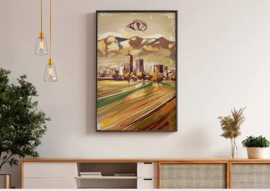 Fresno Cityscape and Team Spirit canvas wall art above a wooden sideboard under pendant lights