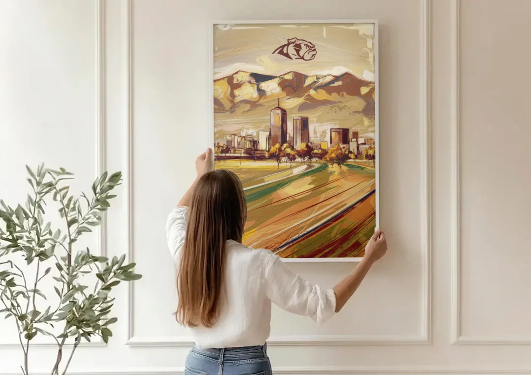 Fresno Cityscape and Team Spirit canvas wall art being hung on a paneled wall