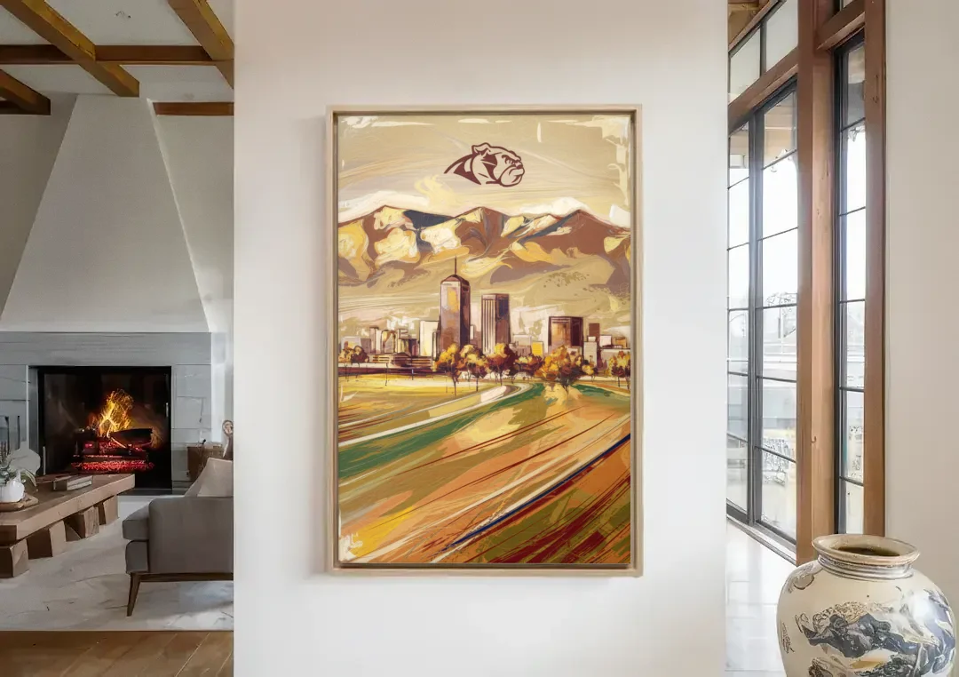 Fresno Cityscape and Team Spirit canvas wall art in a living room with a fireplace