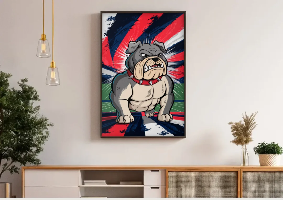 Fresno State Bulldogs Pride canvas wall art above a wooden sideboard under pendant lights