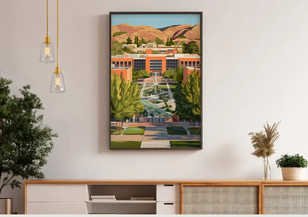 Fresno State Campus Vibes canvas wall art above a wooden sideboard under pendant lights