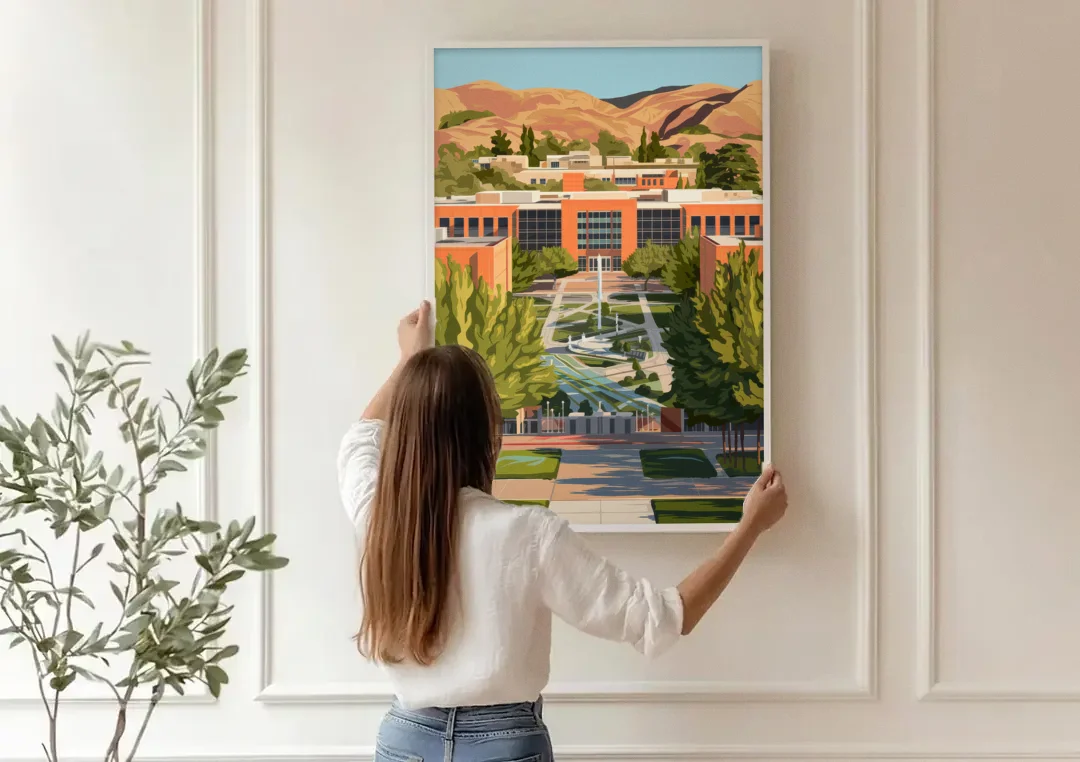 Fresno State Campus Vibes canvas wall art being hung on a paneled wall
