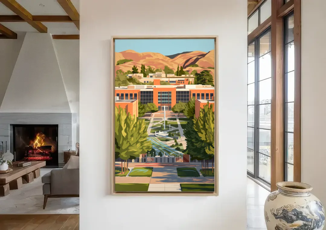 Fresno State Campus Vibes canvas wall art in a living room with a fireplace