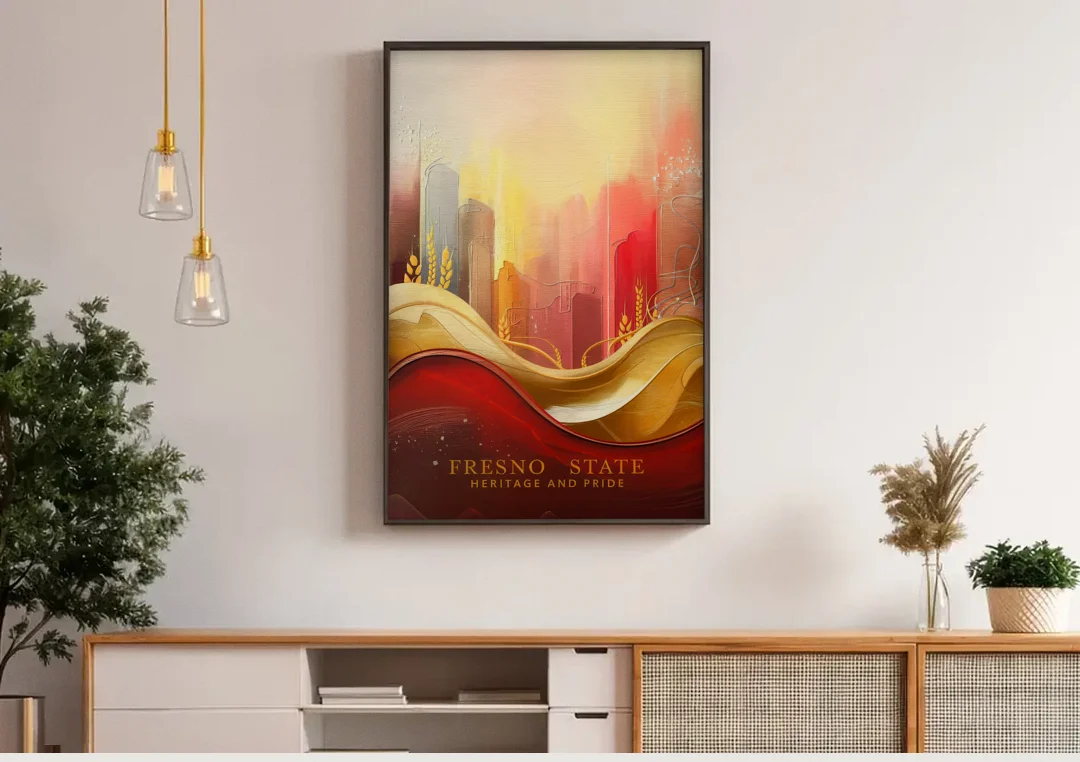 Fresno State Heritage and Pride canvas wall art above a wooden sideboard under pendant lights