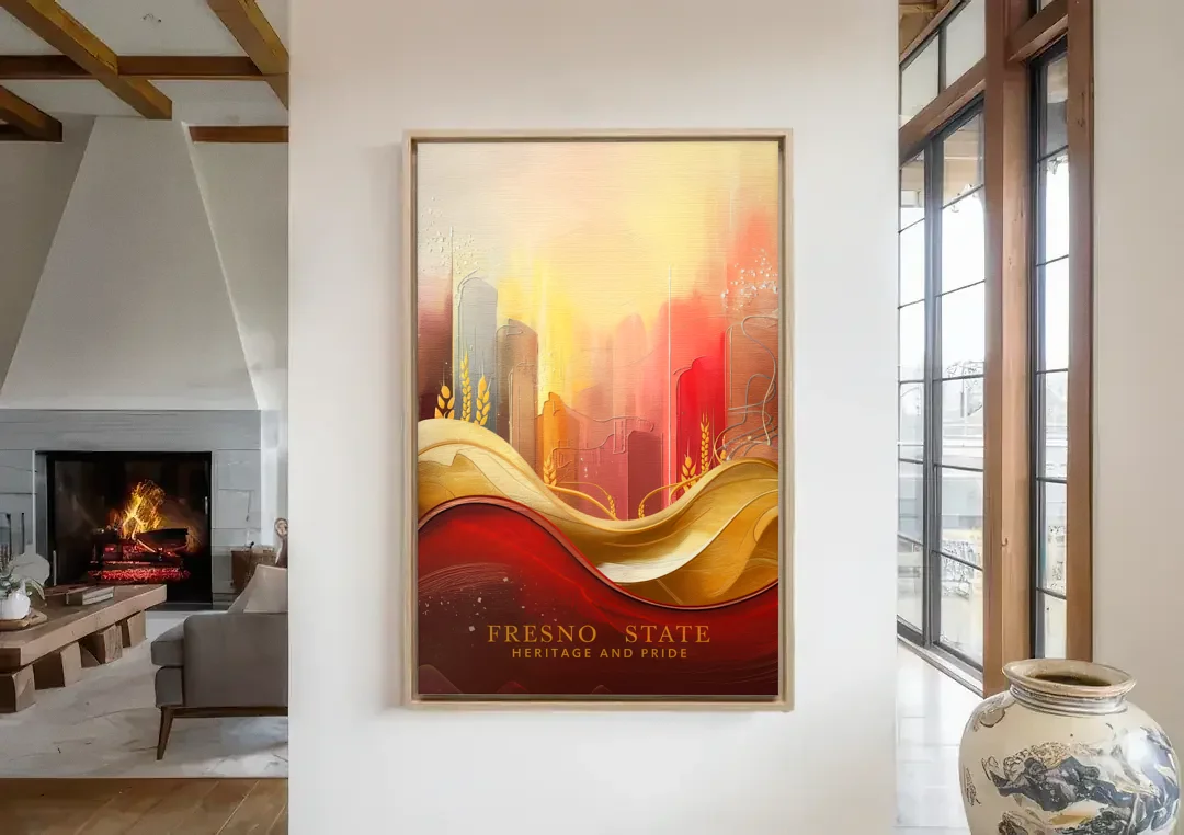 Fresno State Heritage and Pride canvas wall art in a living room with a fireplace