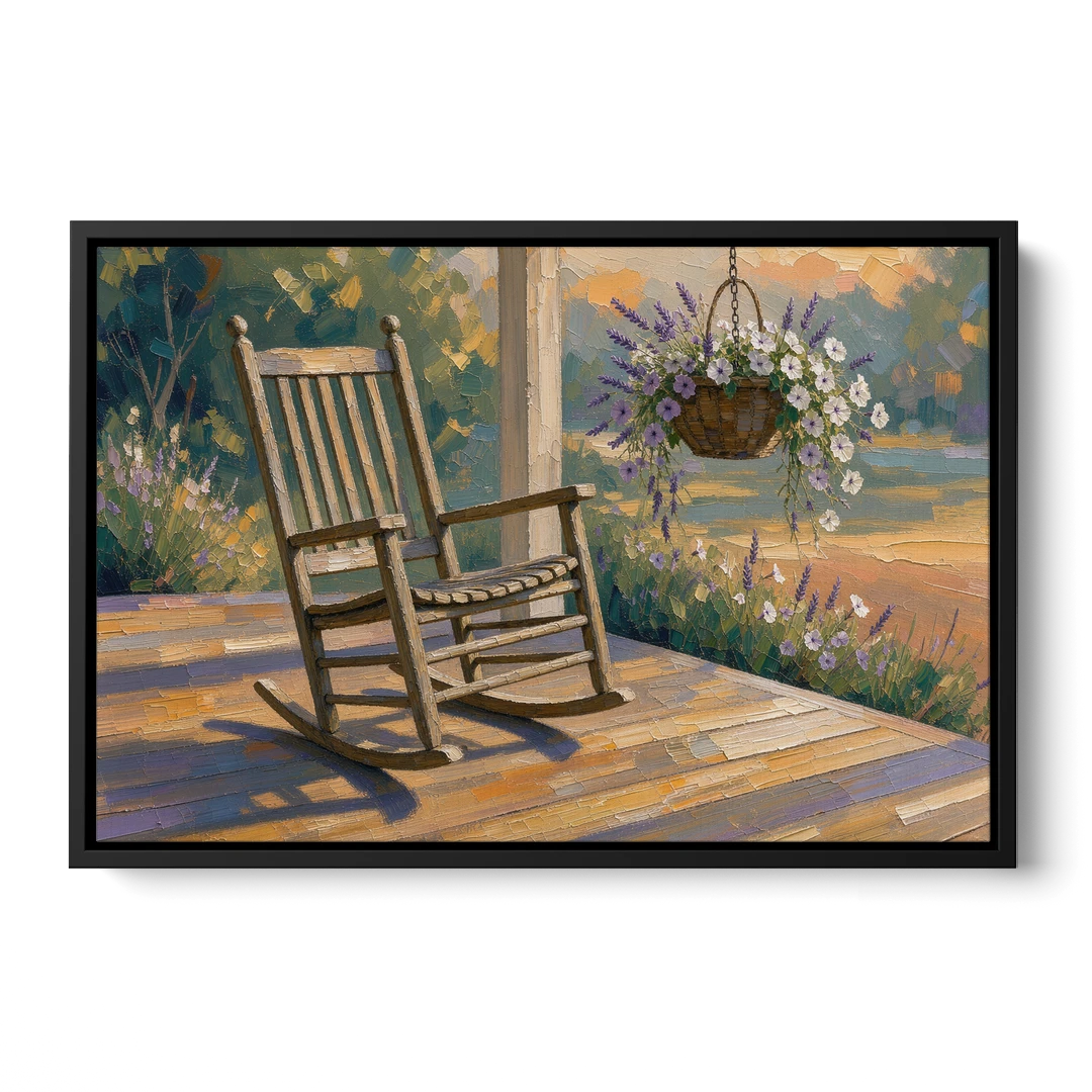 Front Porch Art with Rocking Chair and Lavender Basket - Black Framed Canvas Wall Art - Front